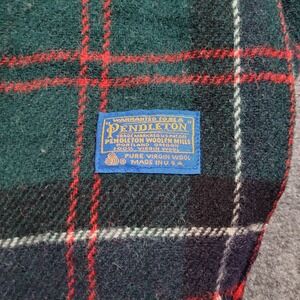 Pendleton Wool Throw Blanket 64x52 Green Red Plaid Fringe Made In USA Stadium